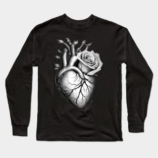 anatomic heart with rose flower power black white Long Sleeve T-Shirt